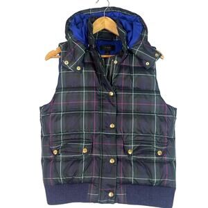 J Crew Down Puffer Vest Women Petite Large Plaid Hooded Prep Blue Green Quilted